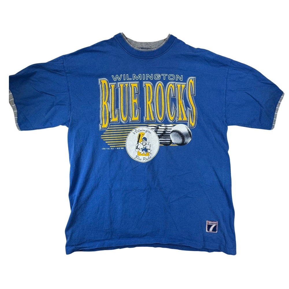 Vintage 1993 Wilmington Blue Rocks Logo 7 Shirt XL Blue Made in USA MiLB T-Shirt